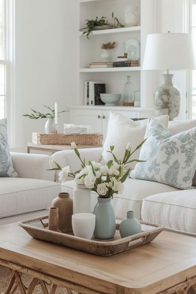 Muted Blue and Green Farmhouse Living Room Ideas