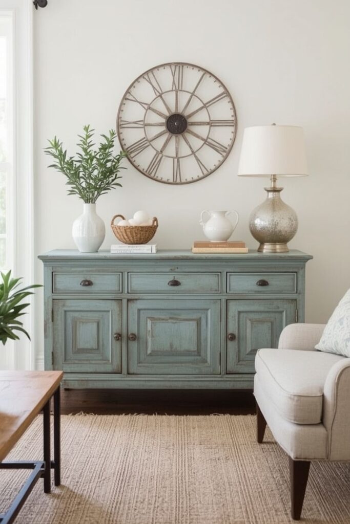 Muted Blue and Green Farmhouse Living Room Ideas