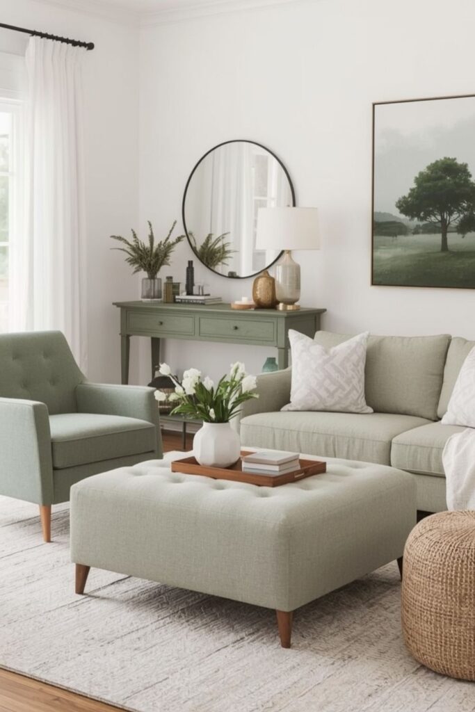 Muted Blue and Green Farmhouse Living Room Ideas