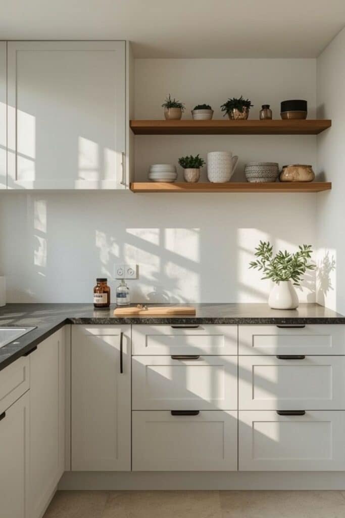 Light grey kitchen cabinets with dark floors