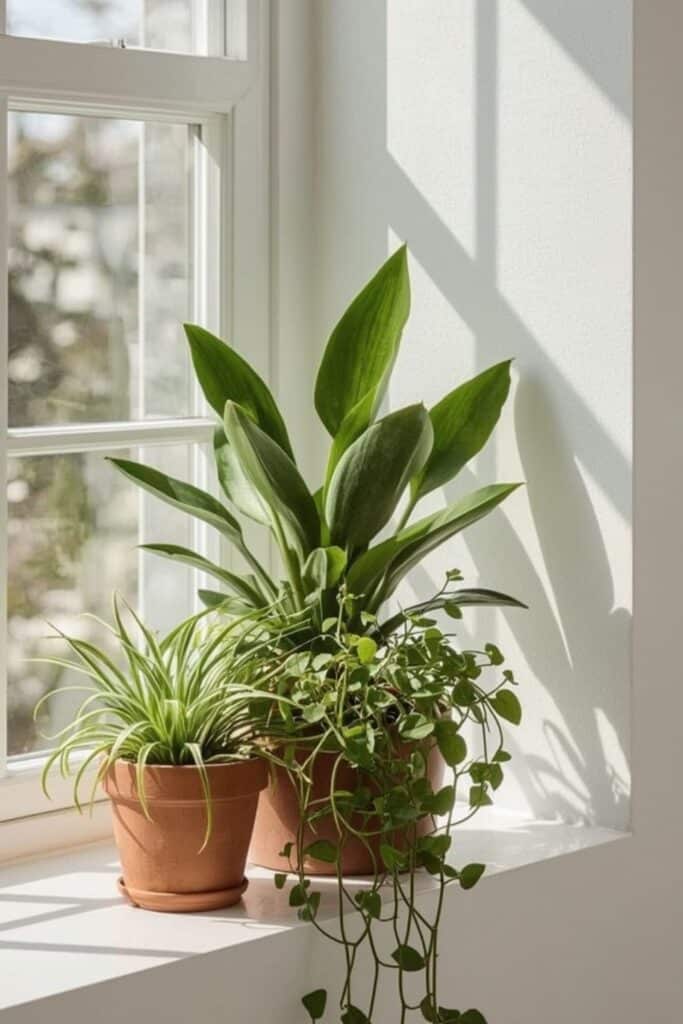Indoor plants for home decoration with simple shelves