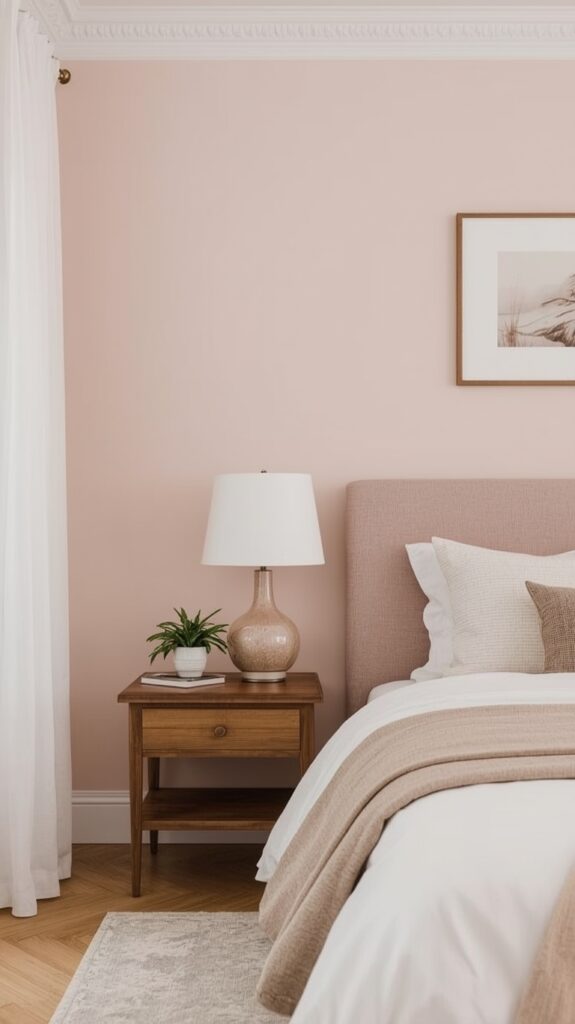 Peach nude brings a quiet brightness that feels welcoming without being too bold. It works well in rooms that get morning sunlight, giving the walls a mellow glow that feels warm and cozy. Adding cotton bedding in neutral tones and soft lampshades can help the room feel cohesive. 

This shade often appears in room colour design photos for readers who want a more cheerful palette without strong saturation.